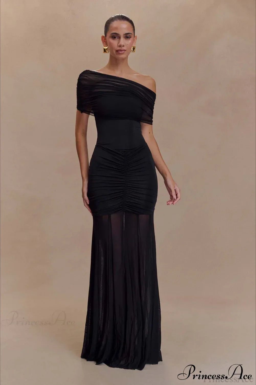 Off Shoulder Short Sleeve Ruched Mesh Maxi Dress 7