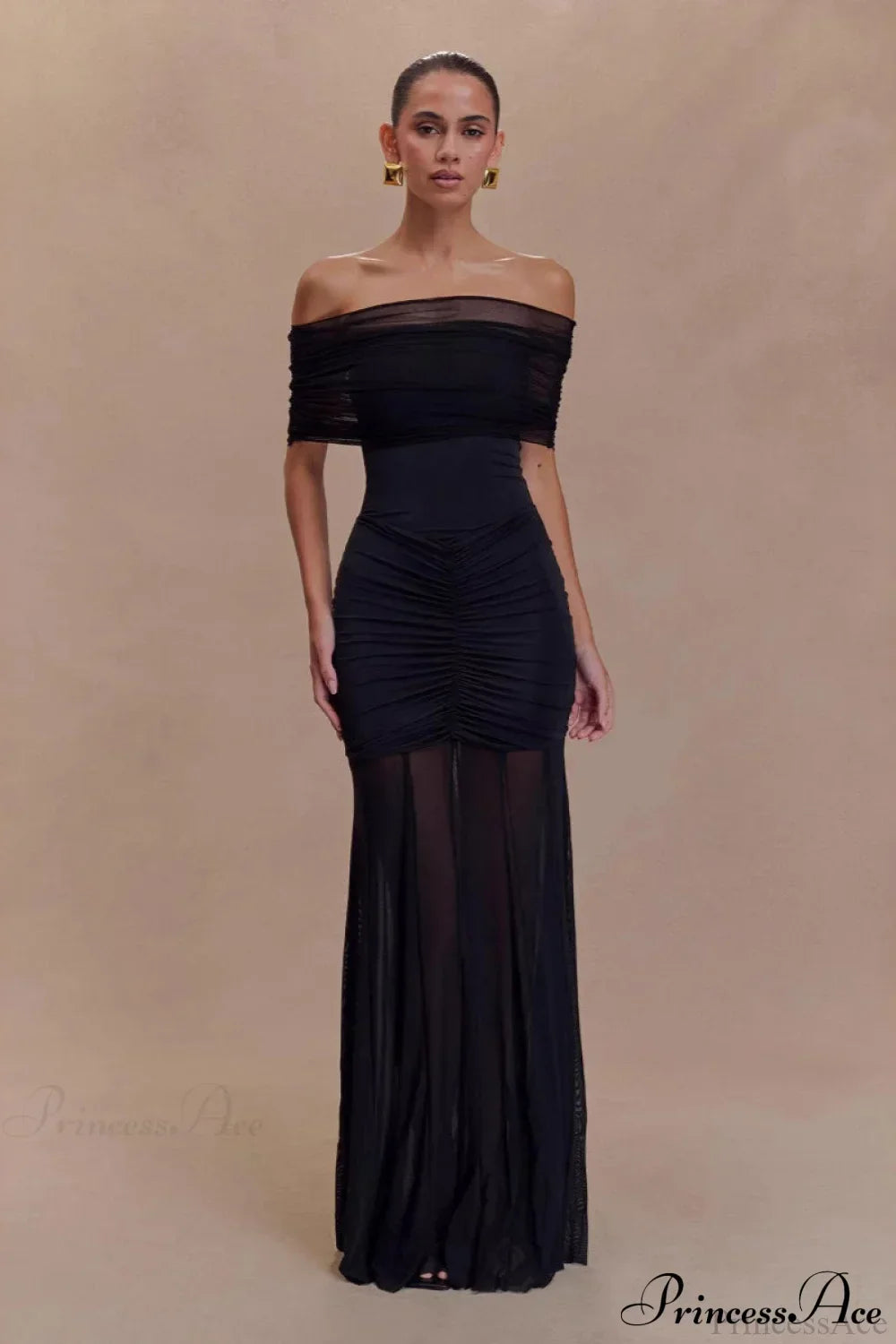 Off Shoulder Short Sleeve Ruched Mesh Maxi Dress 5