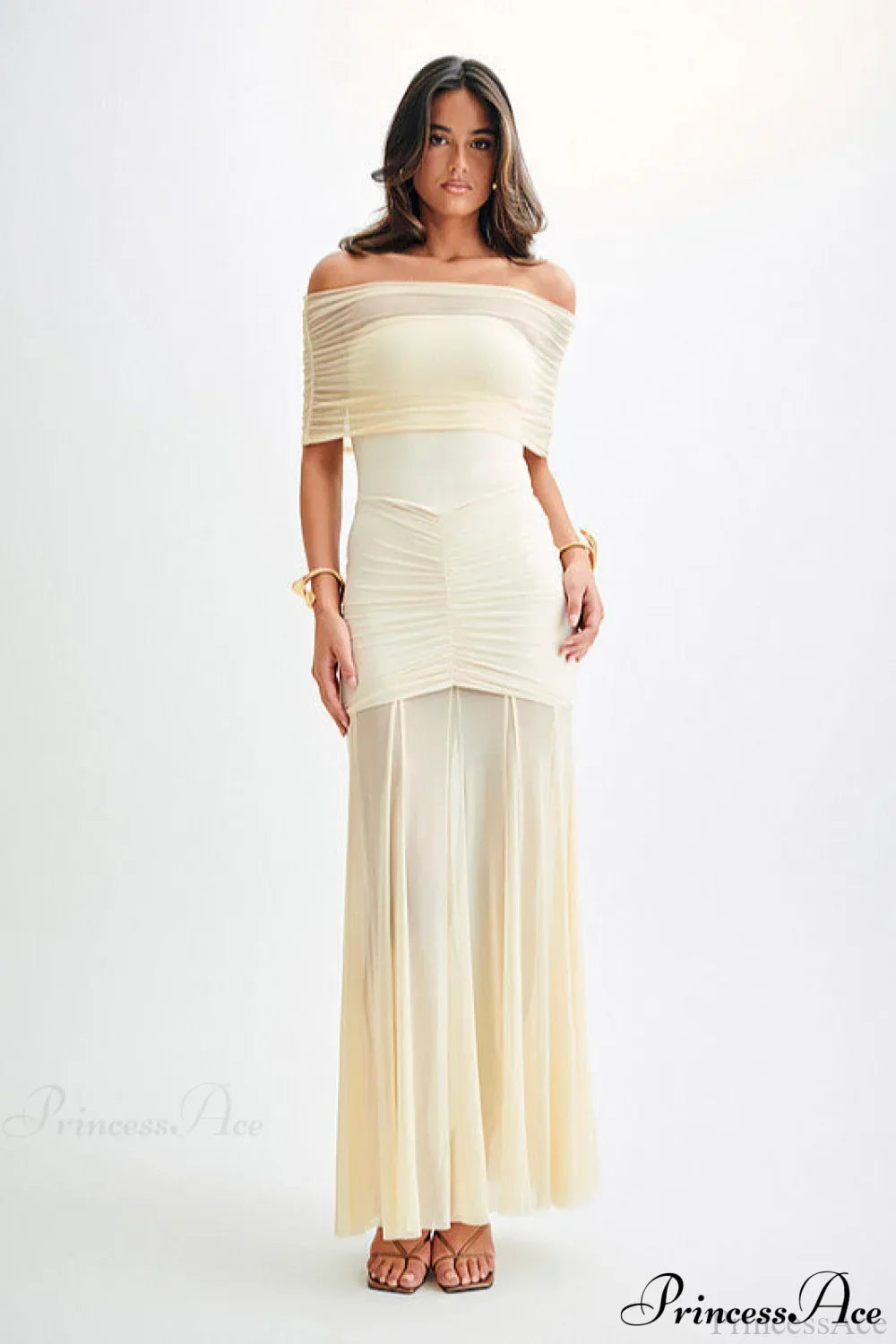 Off Shoulder Short Sleeve Ruched Mesh Maxi Dress