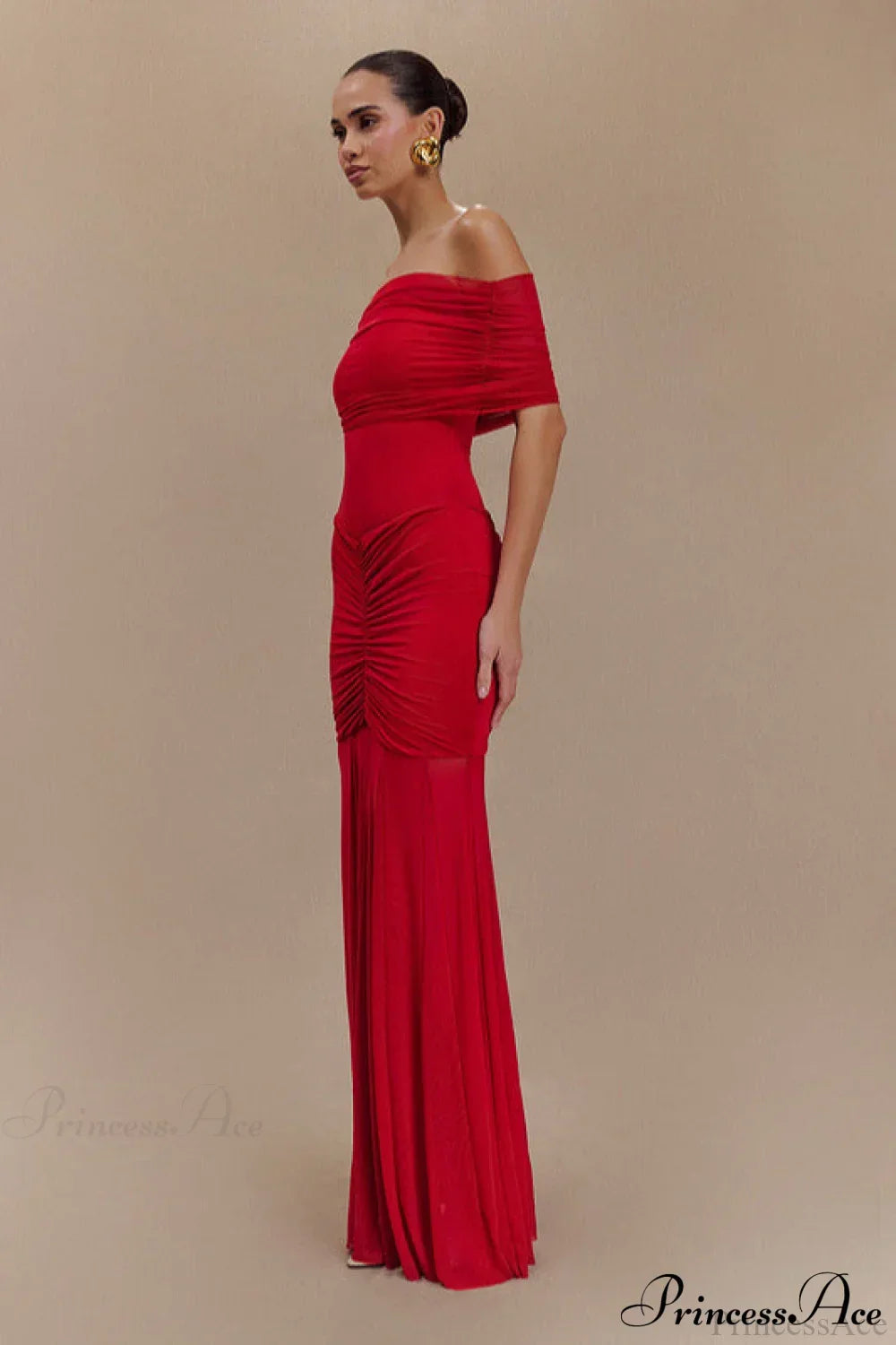 Off Shoulder Short Sleeve Ruched Mesh Maxi Dress 9