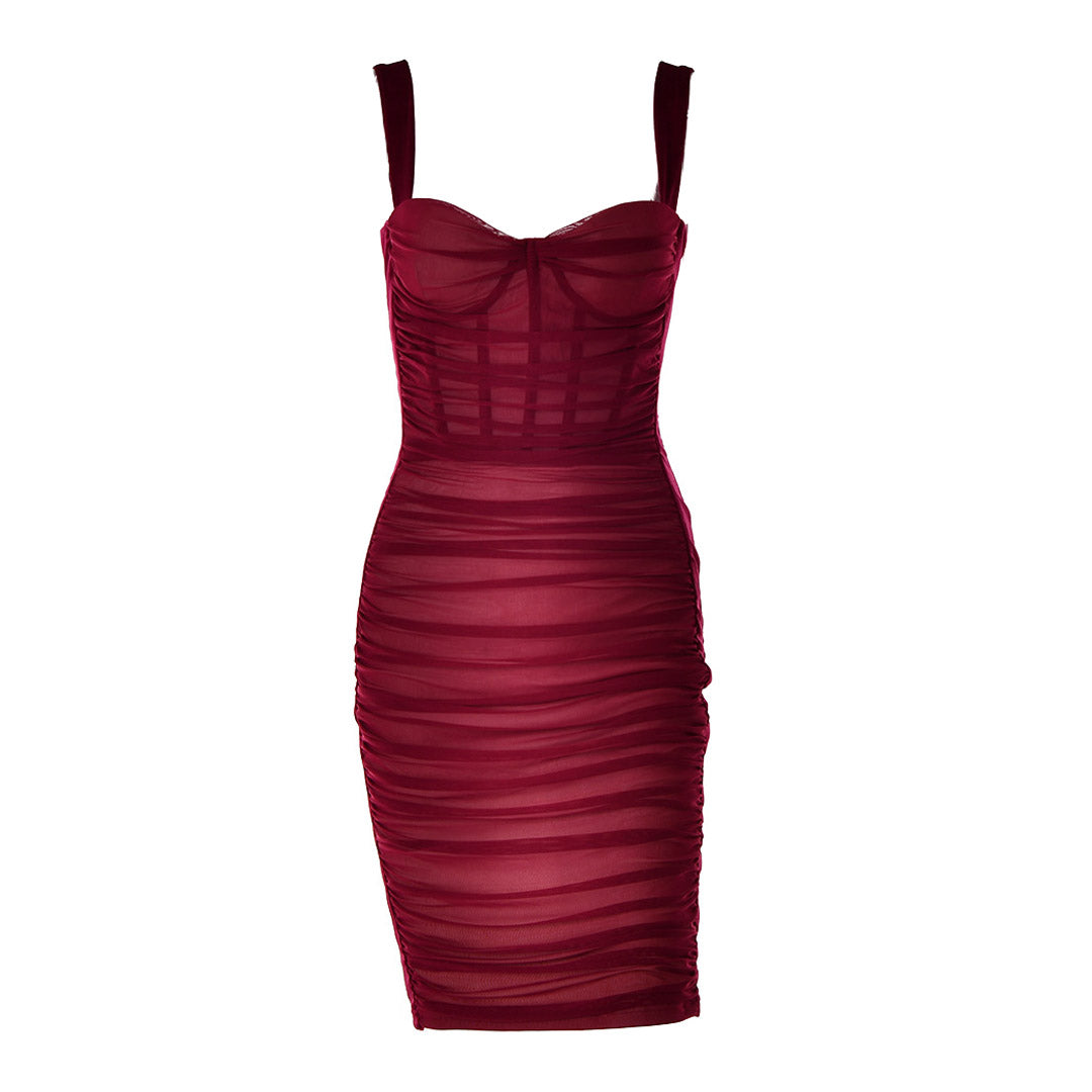 Mesh Overlay Sweetheart Corset Ruched Bodycon Midi Dress 2