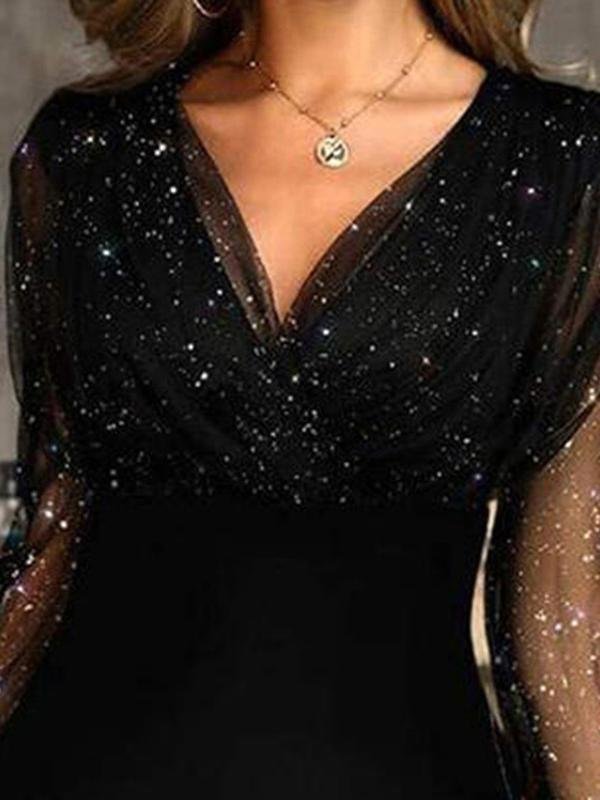 Mesh Glitter Deep V-Neck Wrap Sequin Bodycon Mini Party Dress - View 3