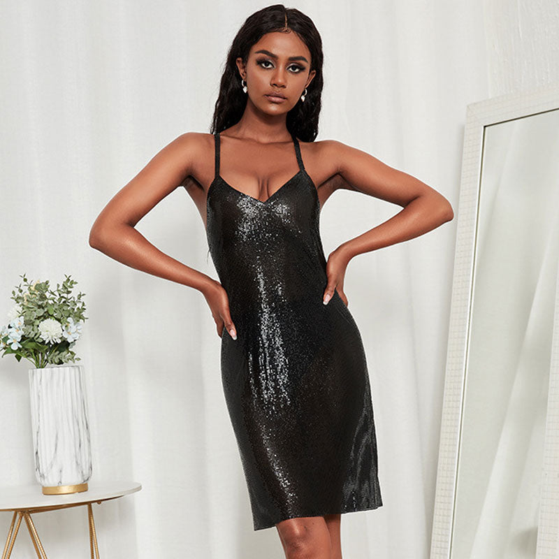 Metallic Chainmail V Neck Low Back Bodycon Mini Dress