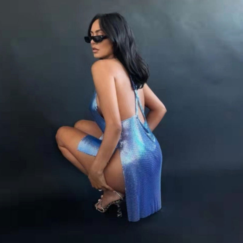 Metallic Cowl Neck Backless High-Slit Mini Dress 3