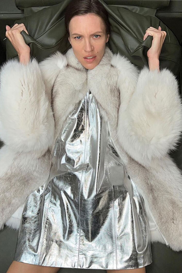 Metallic Crew Neck Sleeveless A Line Vegan Leather Party Mini Dress