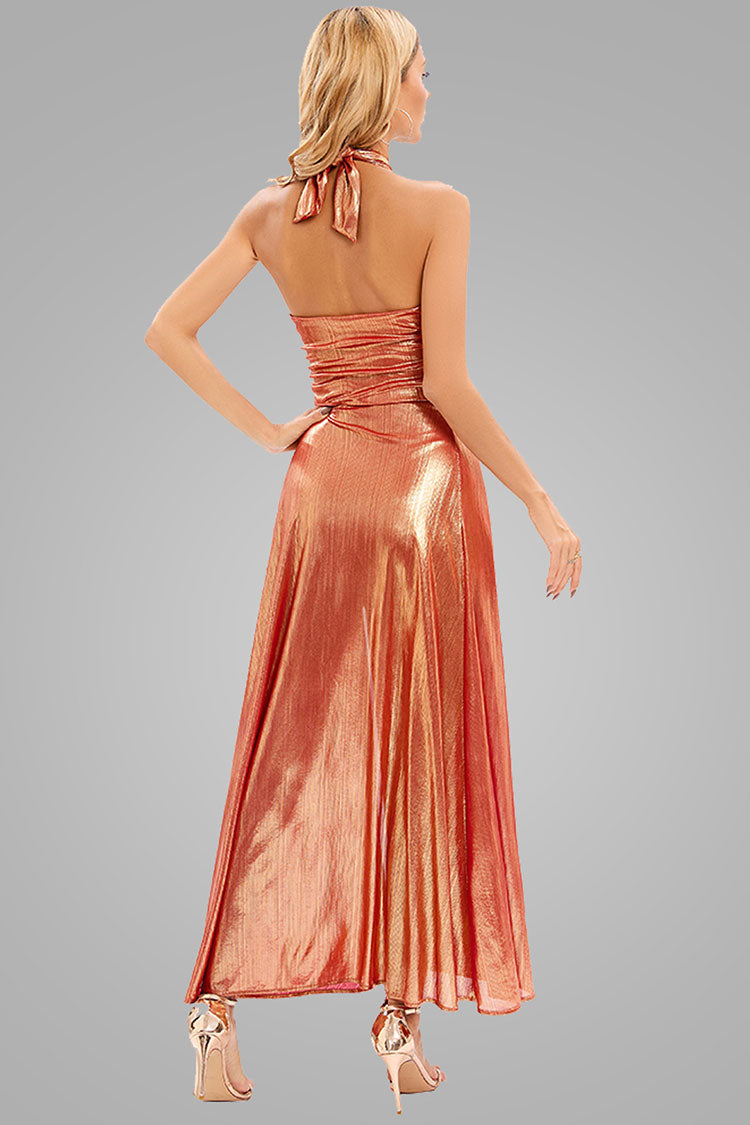 Metallic Halter Neck Cutout Ring Trim Split Maxi Dress 3