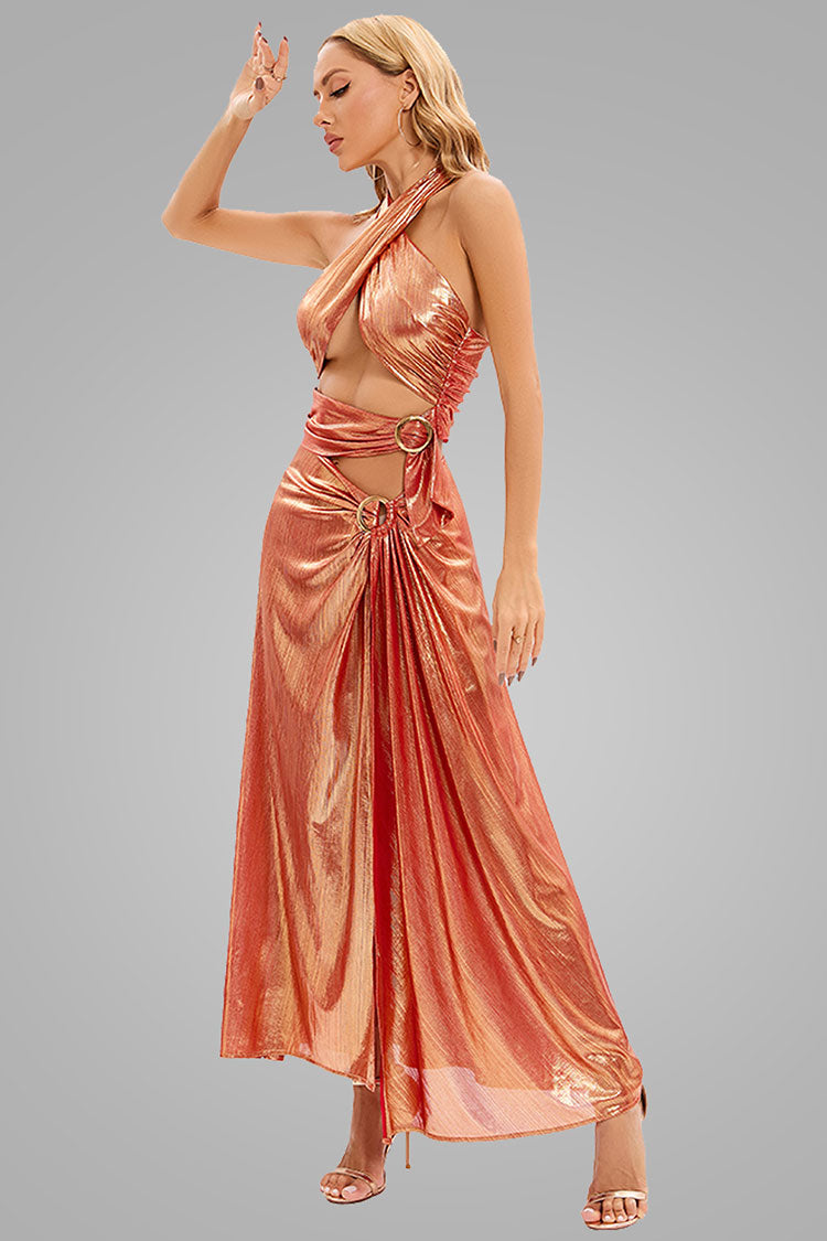 Metallic Halter Neck Cutout Ring Trim Split Maxi Dress 2