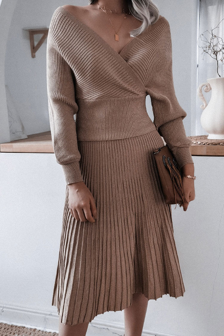 Metallic Lurex Rib Knit Off Shoulder Sweater Midi Dress - Coffee