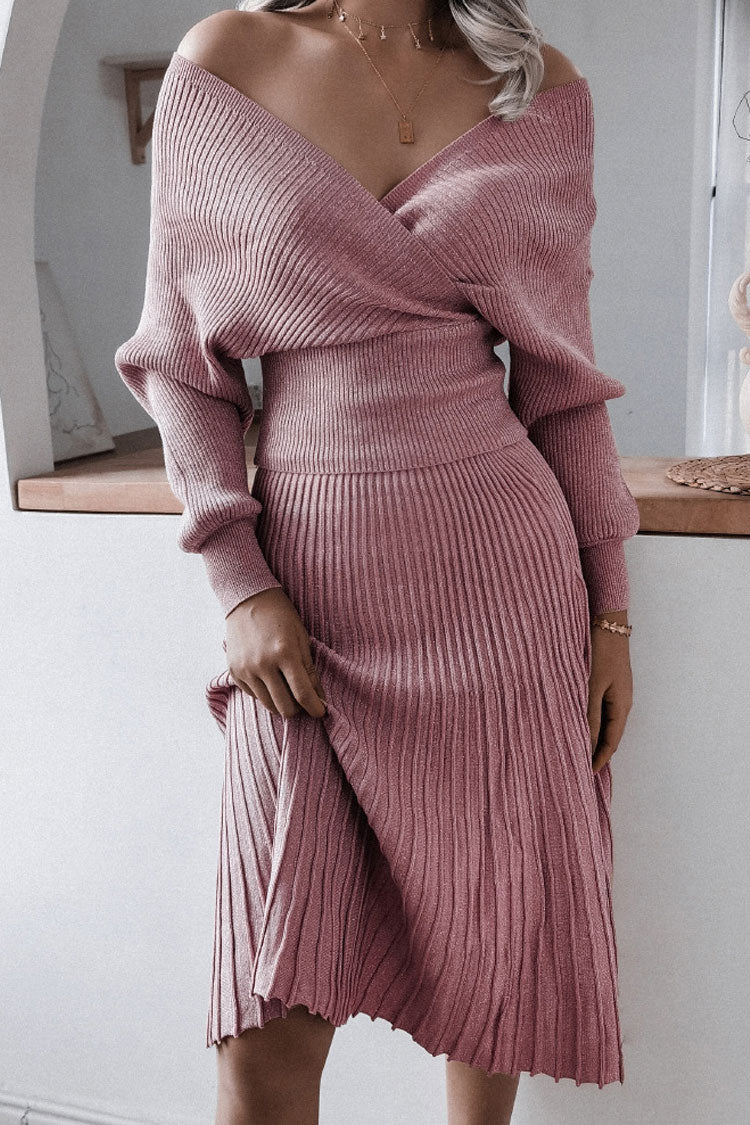Metallic Lurex Rib Knit Off Shoulder Midi Dress - Dusty Pink