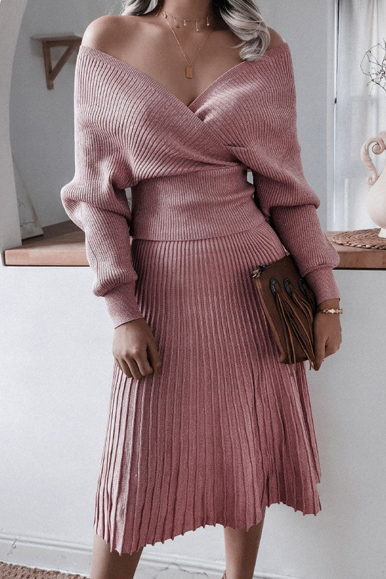 Metallic Lurex Rib Knit Off Shoulder Midi Dress - Dusty Pink - View 2