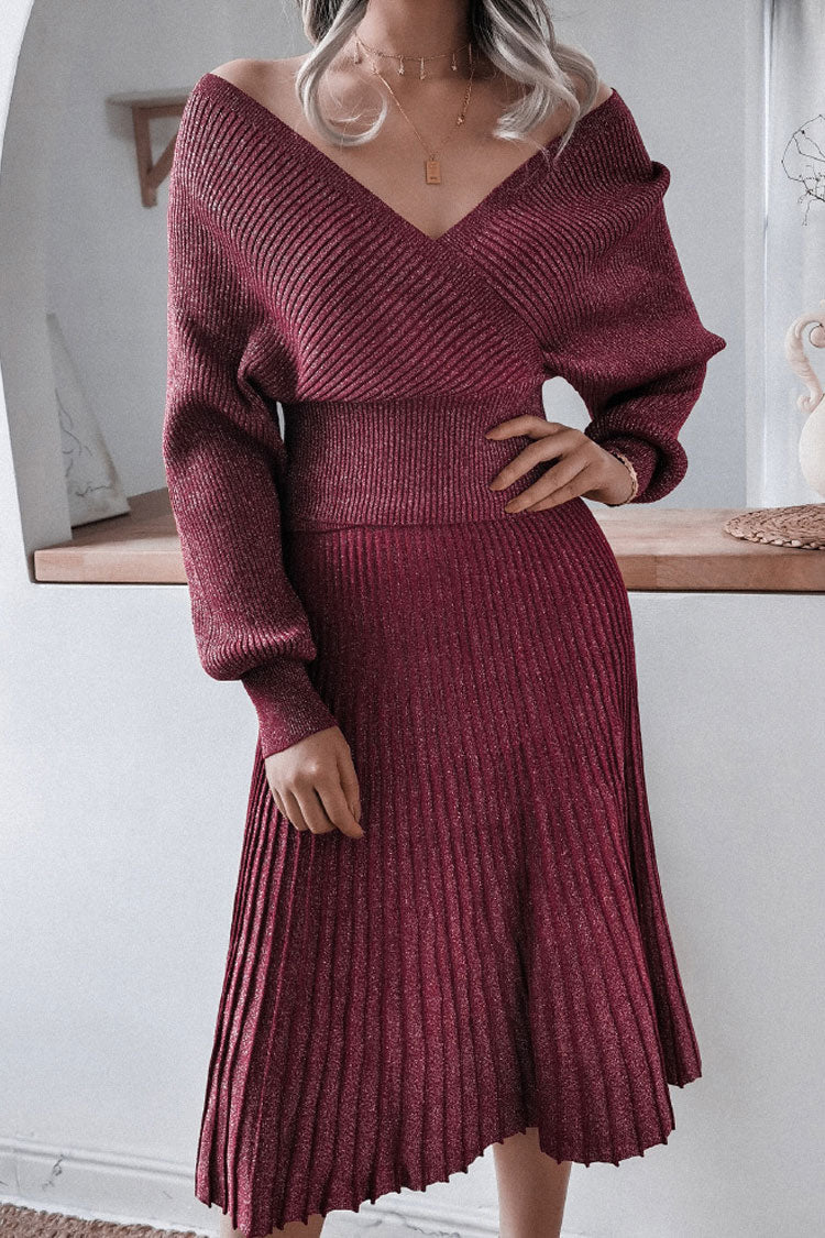 Metallic Lurex Rib Knit Off Shoulder Midi Dress - Burgundy