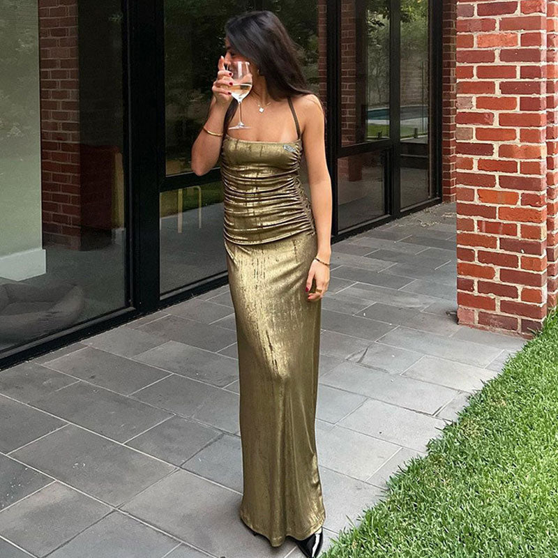 Metallic Ruched Square Neck Strappy Bodycon Maxi Dress