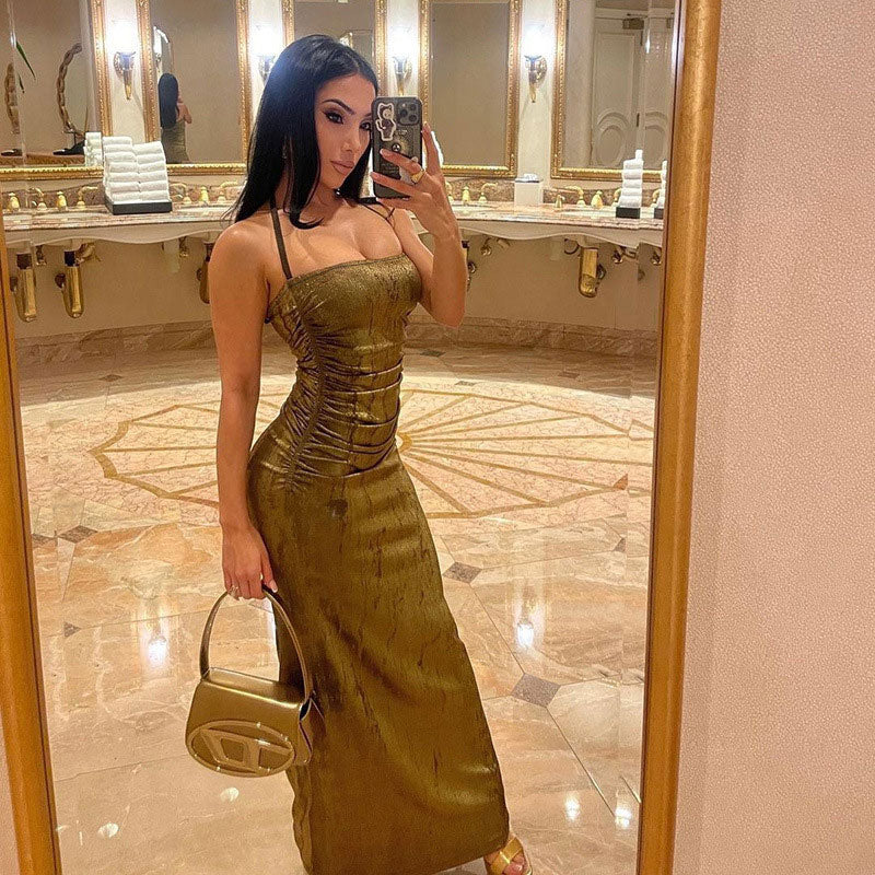 Ruched Halter Neck Sleeveless Bodycon Maxi Dress - Olive Green