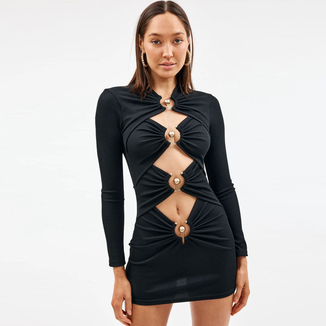 Ruched Trim Cut Out Long Sleeve Bandage Party Mini Dress - Black