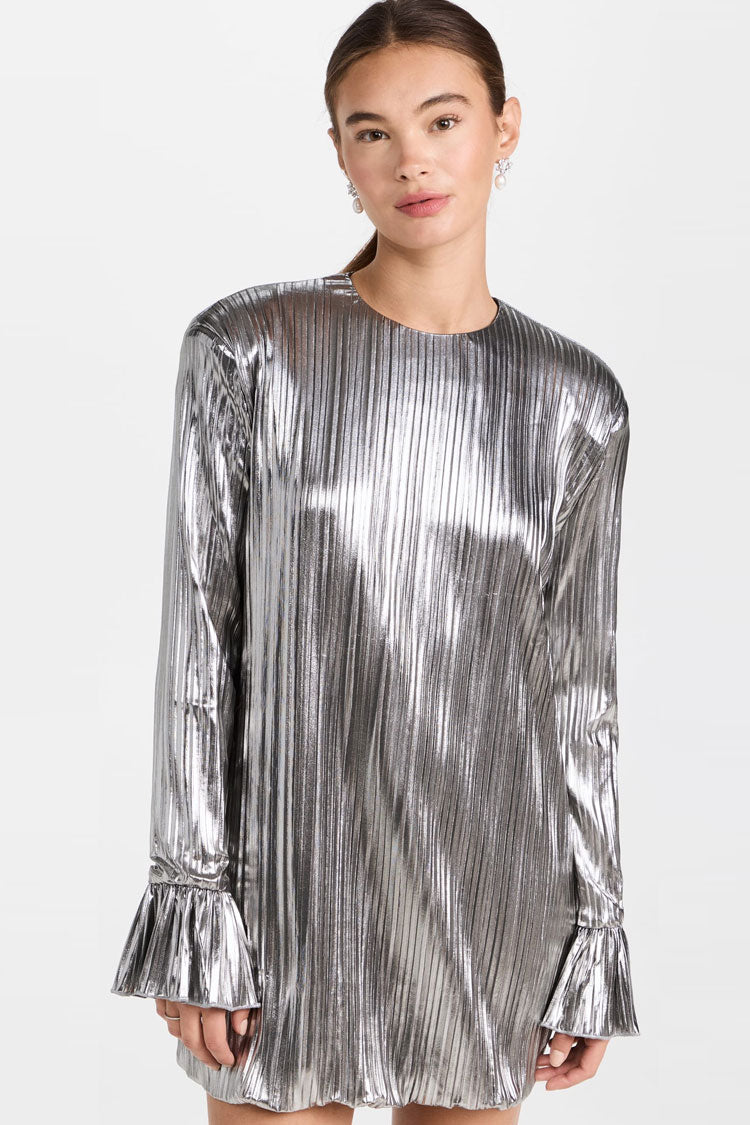 Metallic Pleated Long Sleeve Ruffle Cuff Shift Mini Dress