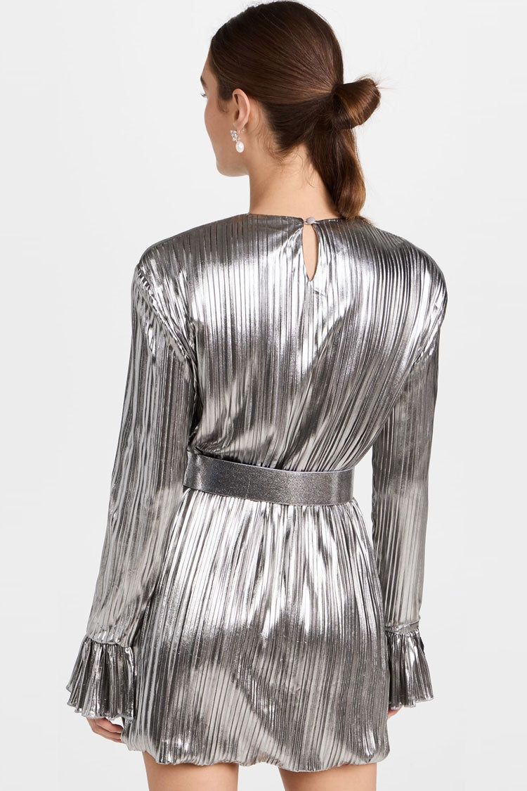 Metallic Pleated Long Sleeve Ruffle Cuff Shift Mini Dress 3