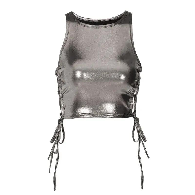 Metallic Solid Color Crew Neck Lace Up Sleeveless Crop Top - Silver Fashionpara