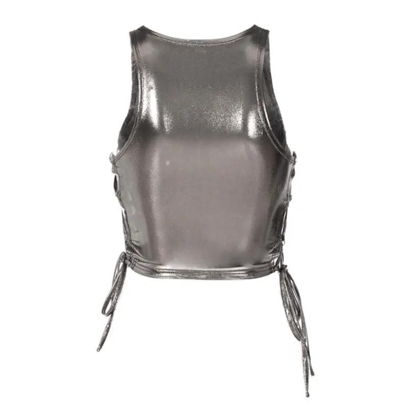 Metallic Solid Color Crew Neck Lace Up Sleeveless Crop Top - Silver Fashionpara