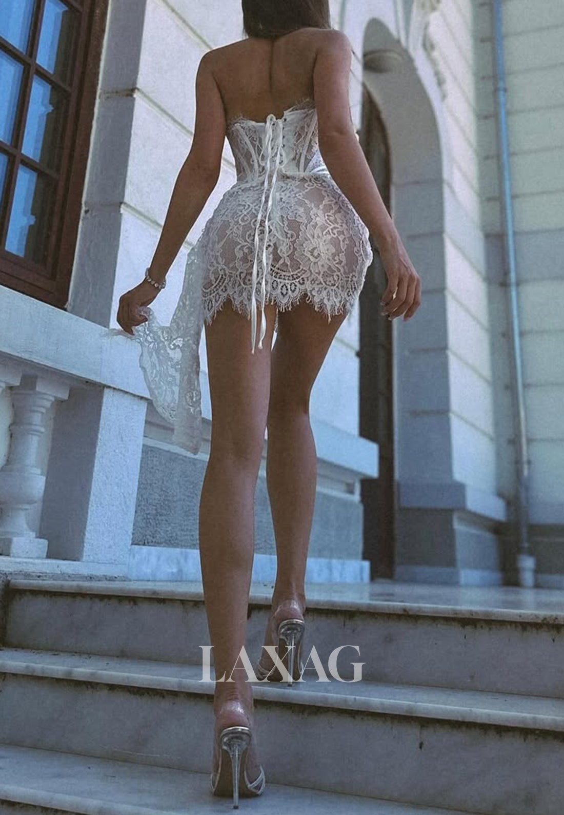 Tube Top Off-Shoulder Sleeveless Pleated Allover Lace Mermaid Party Homecoming Dress