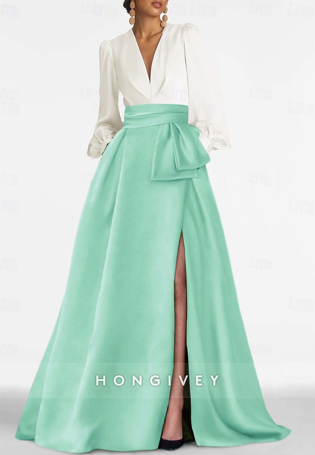 A-line High Slit Evening Gown Floor-Length V Neck Long Sleeve Pleated Mother of the Bride