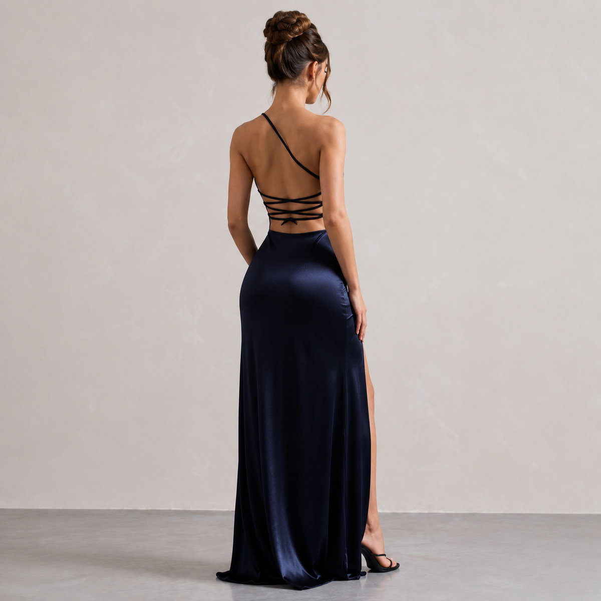 Satin One Shoulder Cowl Neck High Split Maxi Dress 7