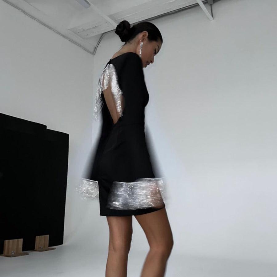 Rhinestone Fringe Open-Back Long-Sleeve Mini Dress 3