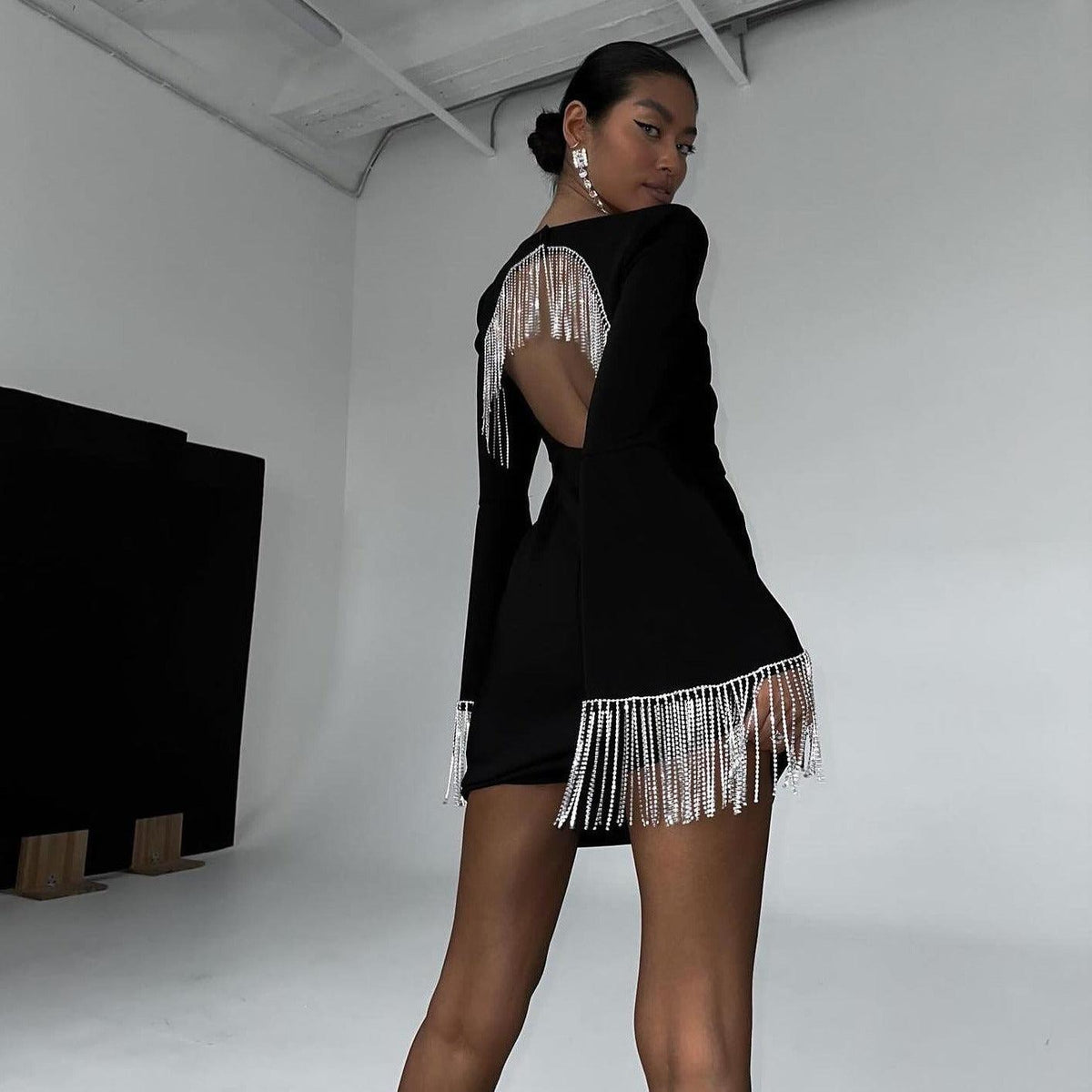 Rhinestone Fringe Open-Back Long-Sleeve Mini Dress 5
