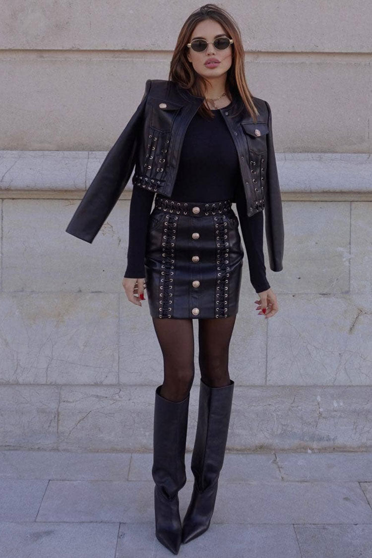 Military Eyelash Detailed Crop Vegan Leather Jacket Two Piece Mini Dress - Black Fashionpara