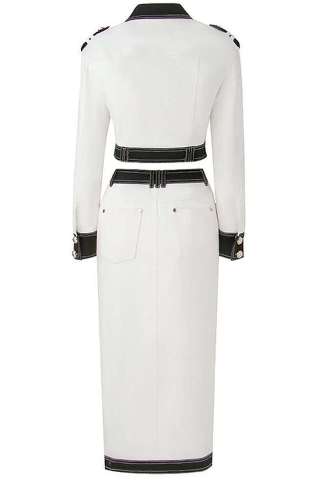 Military Metal Button Contrast Denim Jacket Midi Skirt Two Piece Dress - White - Fashionpara