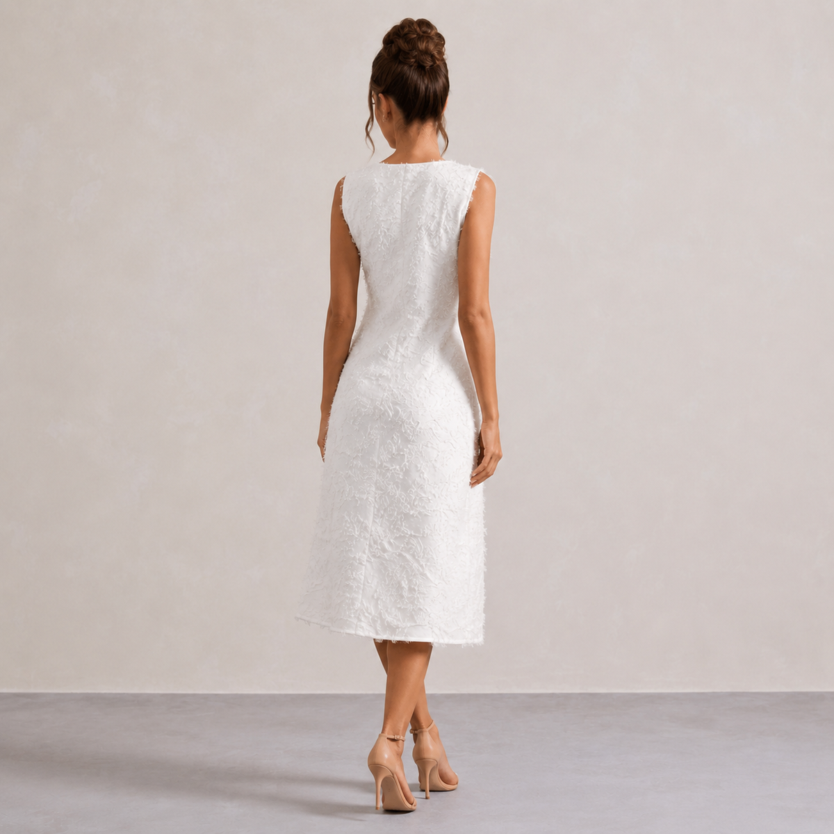 V-Neck Sleeveless Textured Fringe Shift Midi Dress 11
