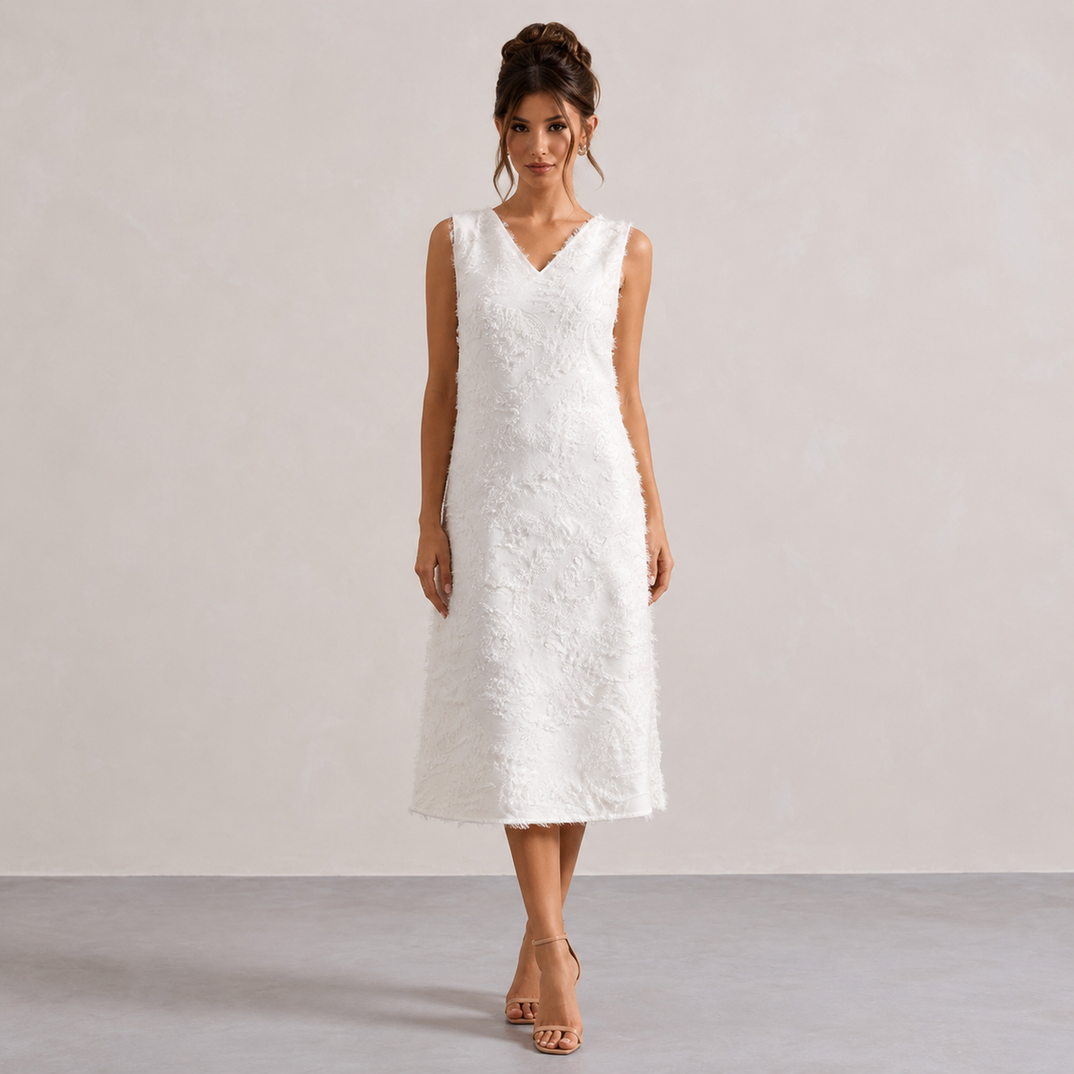 V-Neck Sleeveless Textured Fringe Shift Midi Dress 9