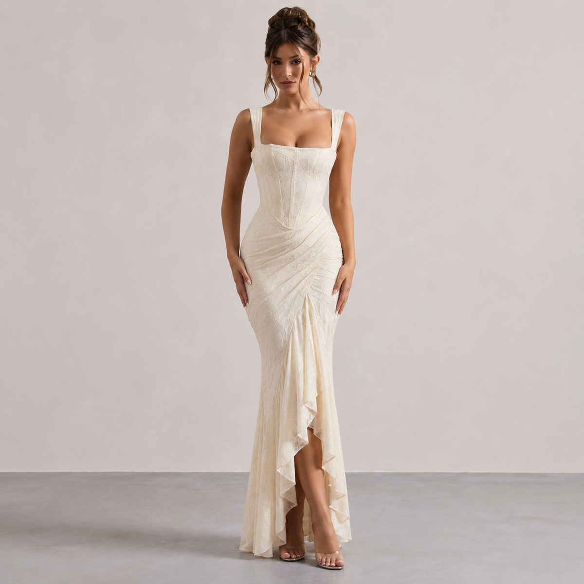 Square Neck Corset Floral Jacquard Mermaid Gown 16