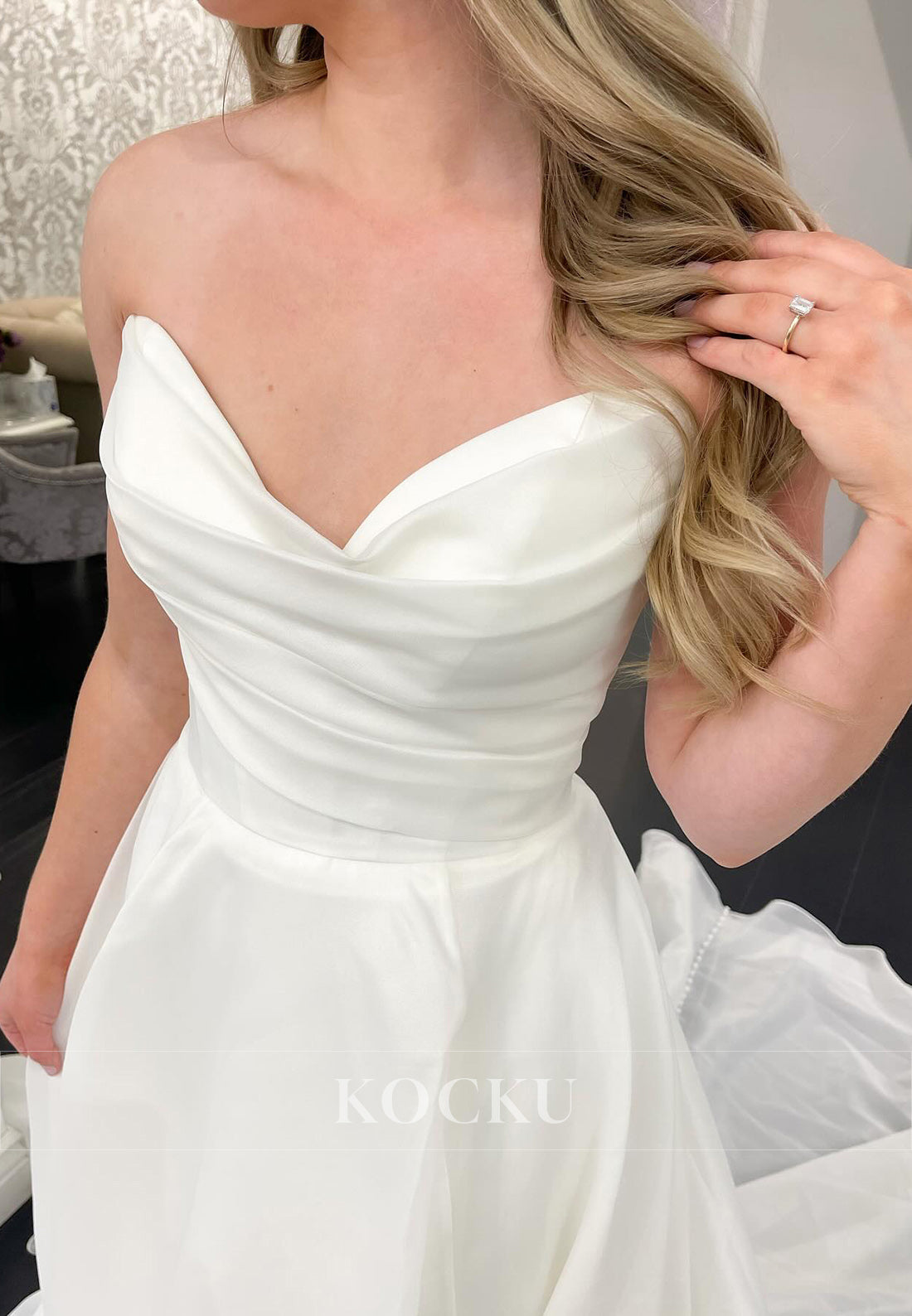 Strapless Organza Ball Gown Wedding Dress with Button Train