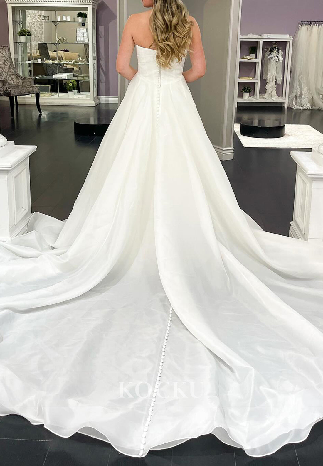 Strapless Organza Ball Gown Wedding Dress with Button Train