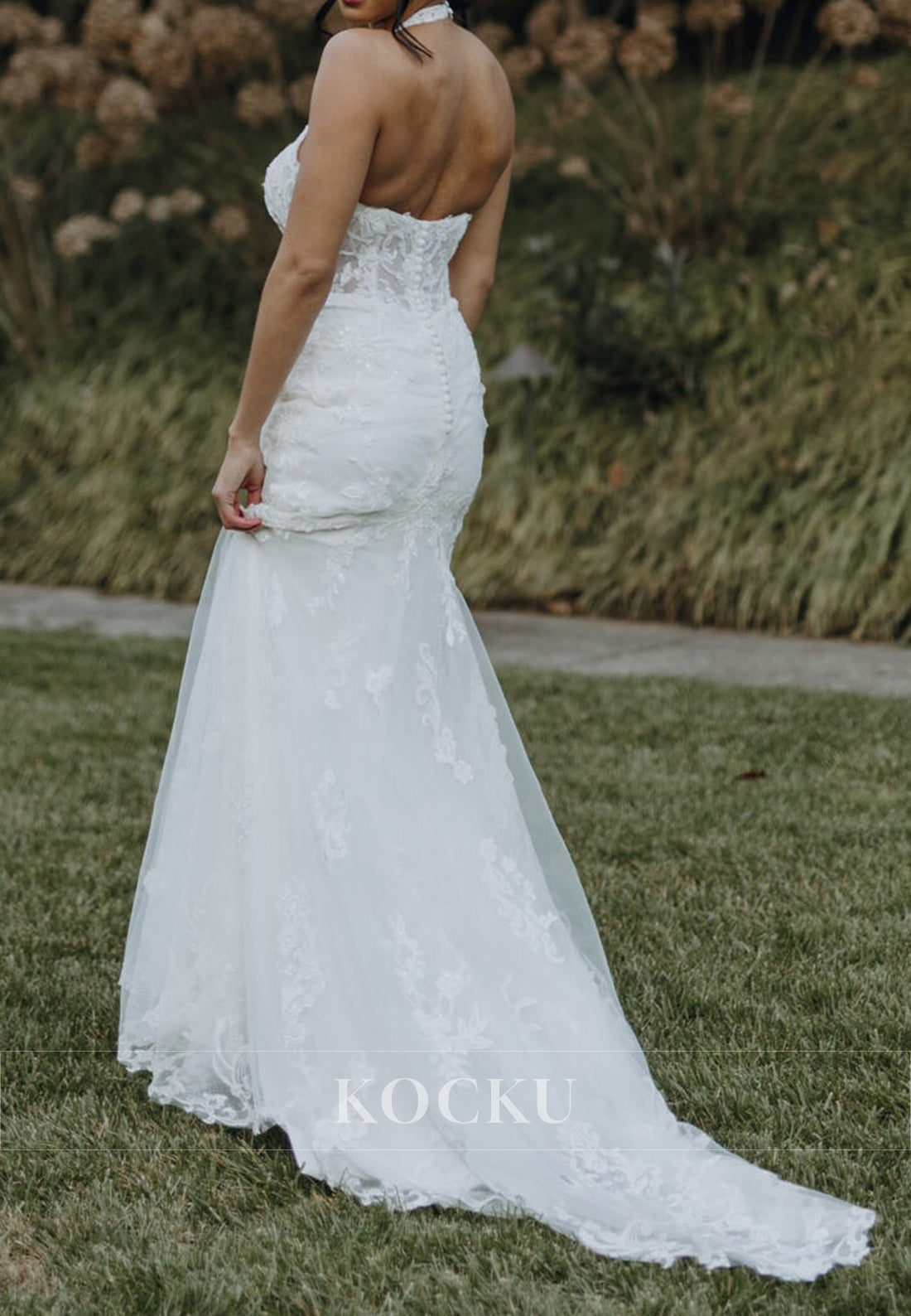 Halter Neck Mermaid Lace Wedding Dress with Sheer Bodice and Tulle Train