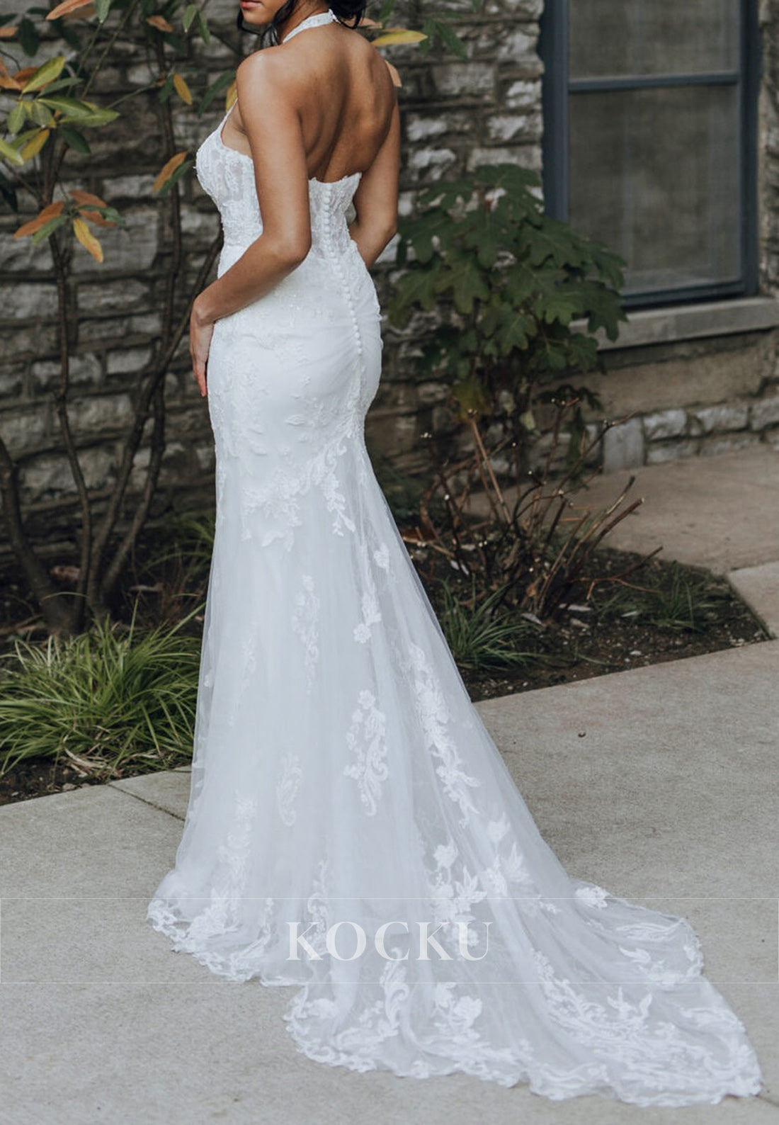 Halter Neck Mermaid Lace Wedding Dress with Sheer Bodice and Tulle Train