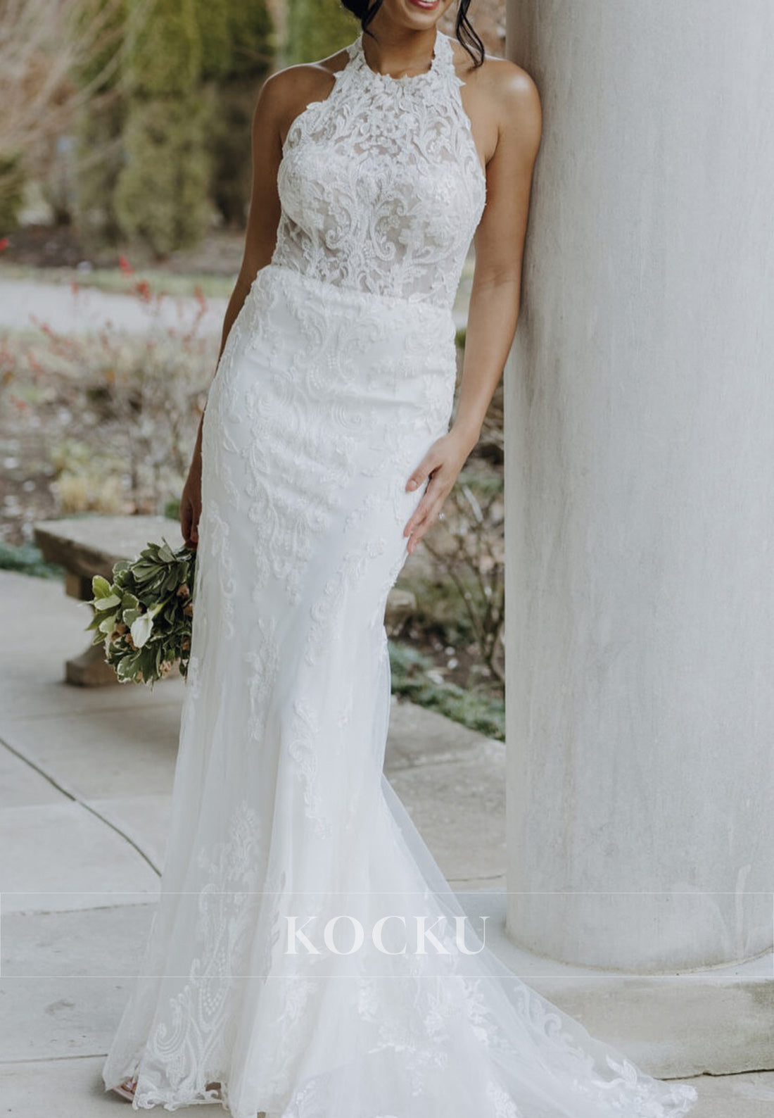 Halter Neck Mermaid Lace Wedding Dress with Sheer Bodice and Tulle Train