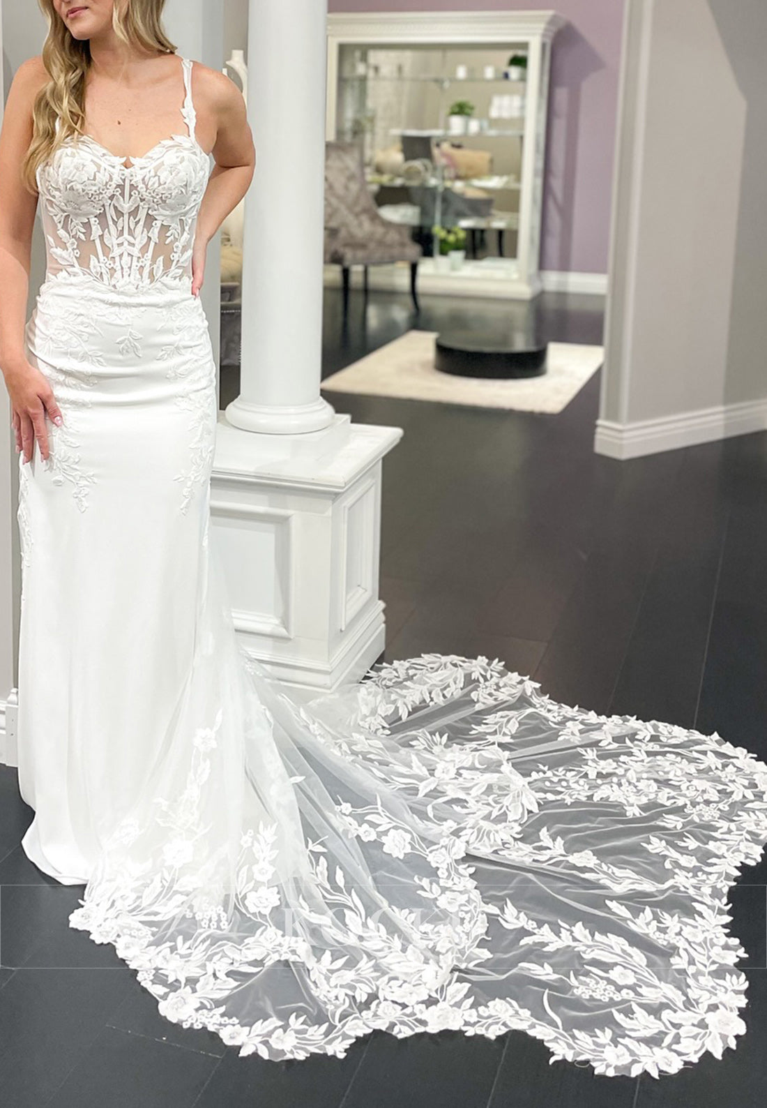 Spaghetti Strap Wedding Dress with Sheer Embroidered Bodice and Tulle Train