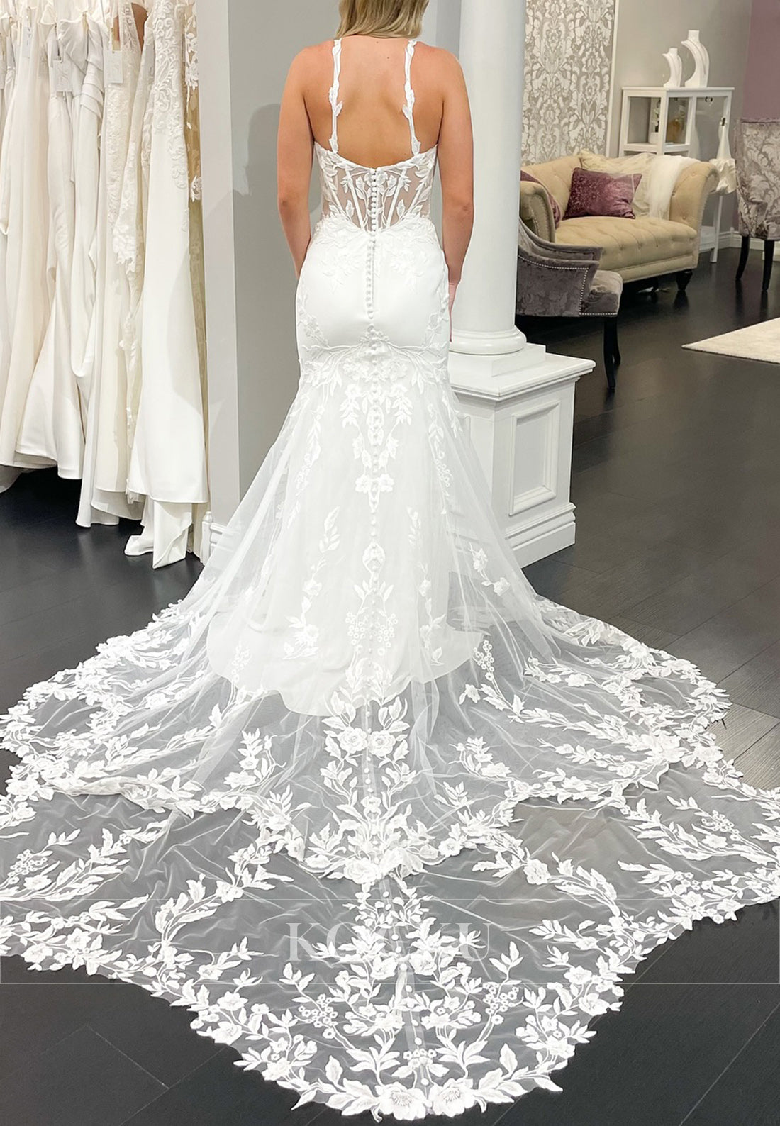 Spaghetti Strap Wedding Dress with Sheer Embroidered Bodice and Tulle Train