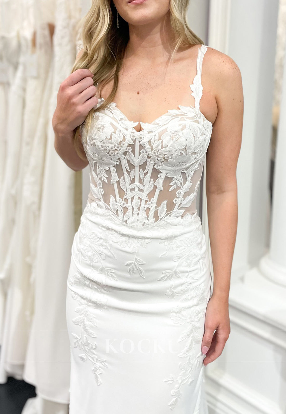 Spaghetti Strap Wedding Dress with Sheer Embroidered Bodice and Tulle Train