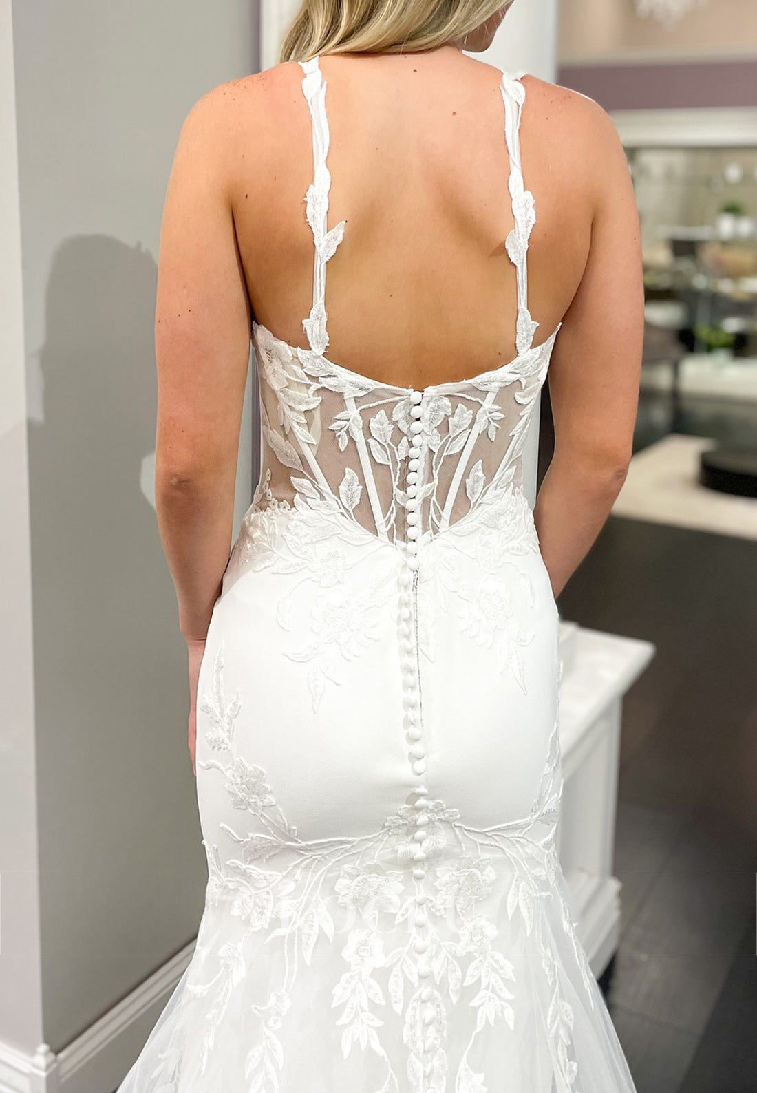 Spaghetti Strap Wedding Dress with Sheer Embroidered Bodice and Tulle Train