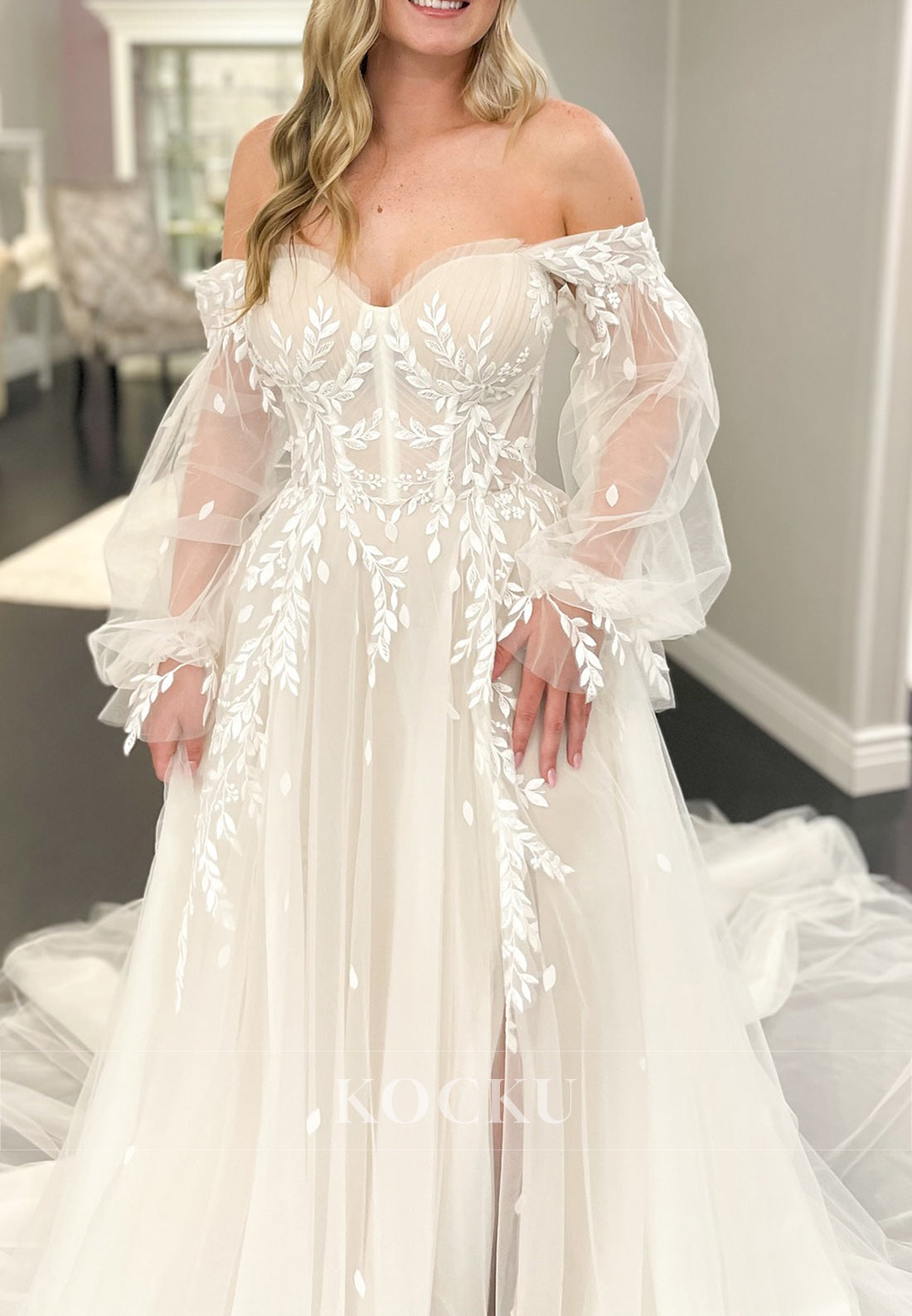 Off - Shoulder Tulle Wedding Dress with Sheer Puff Sleeves and Embroidery