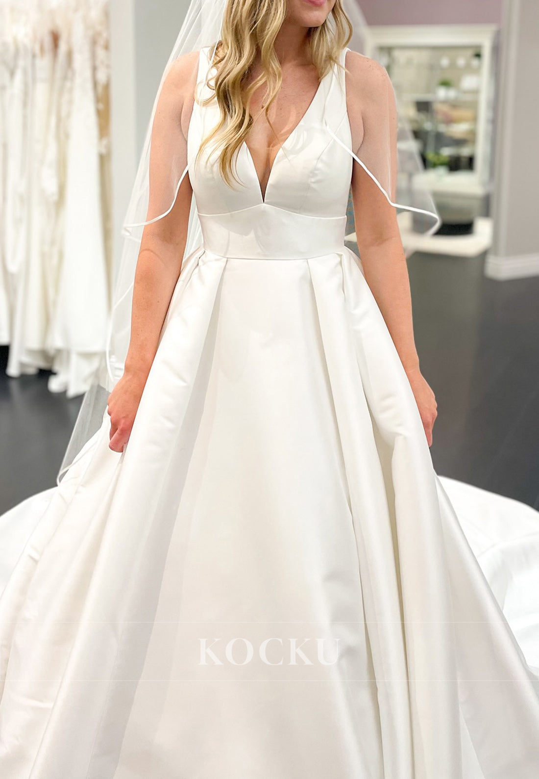 Plunge V - Neck Ball Gown Wedding Dress with Open Back and Train