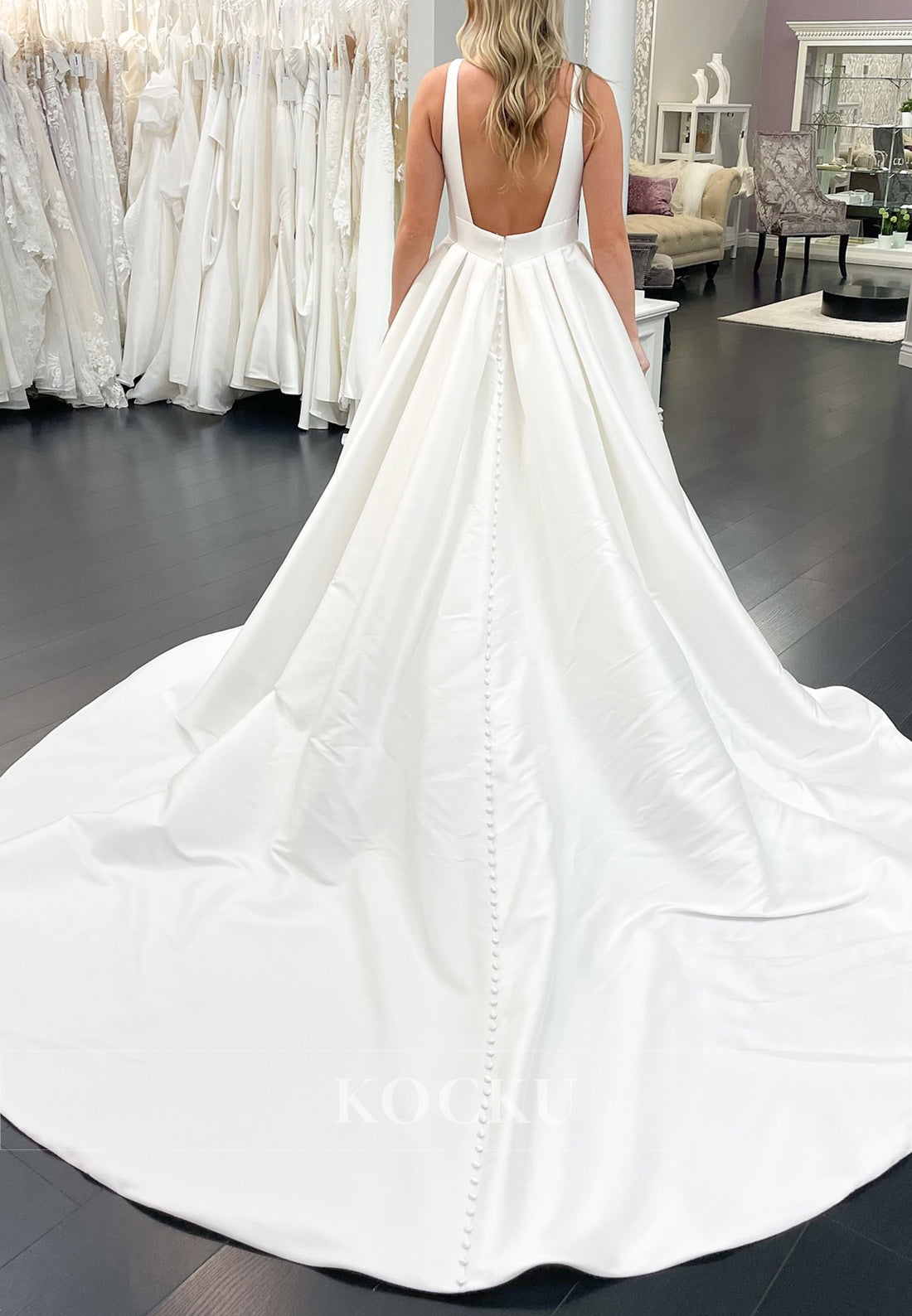 Plunge V - Neck Ball Gown Wedding Dress with Open Back and Train