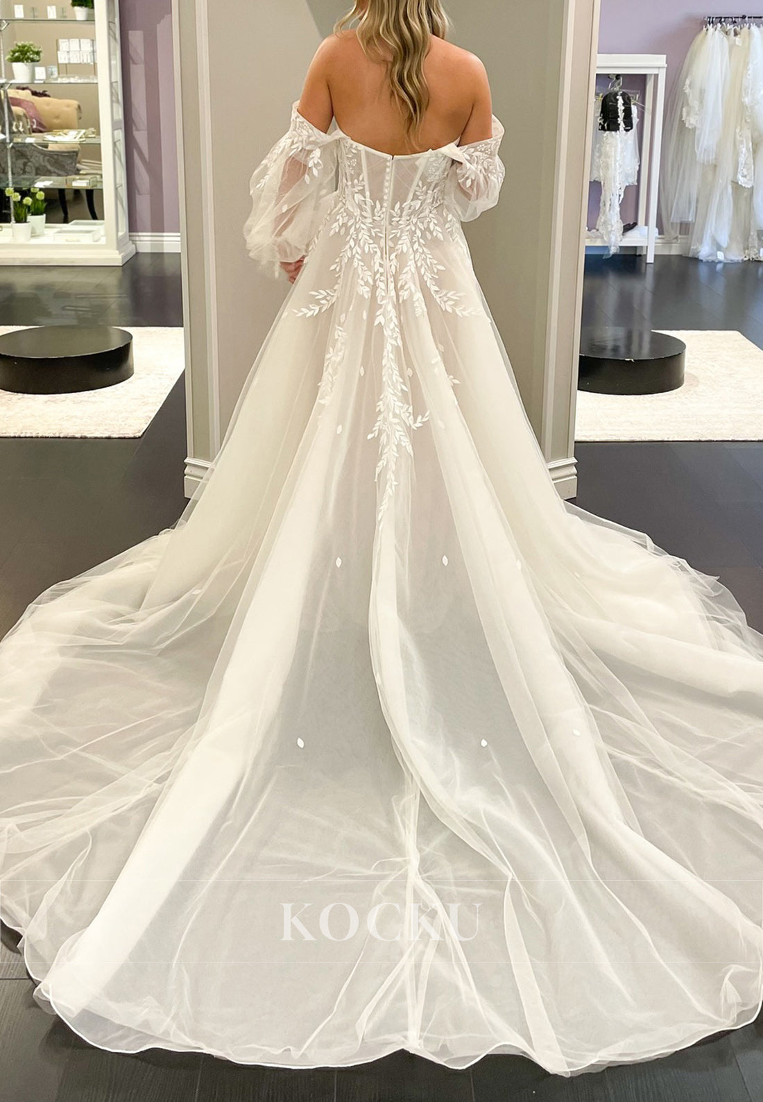 Off - Shoulder Tulle Wedding Dress with Sheer Puff Sleeves and Embroidery