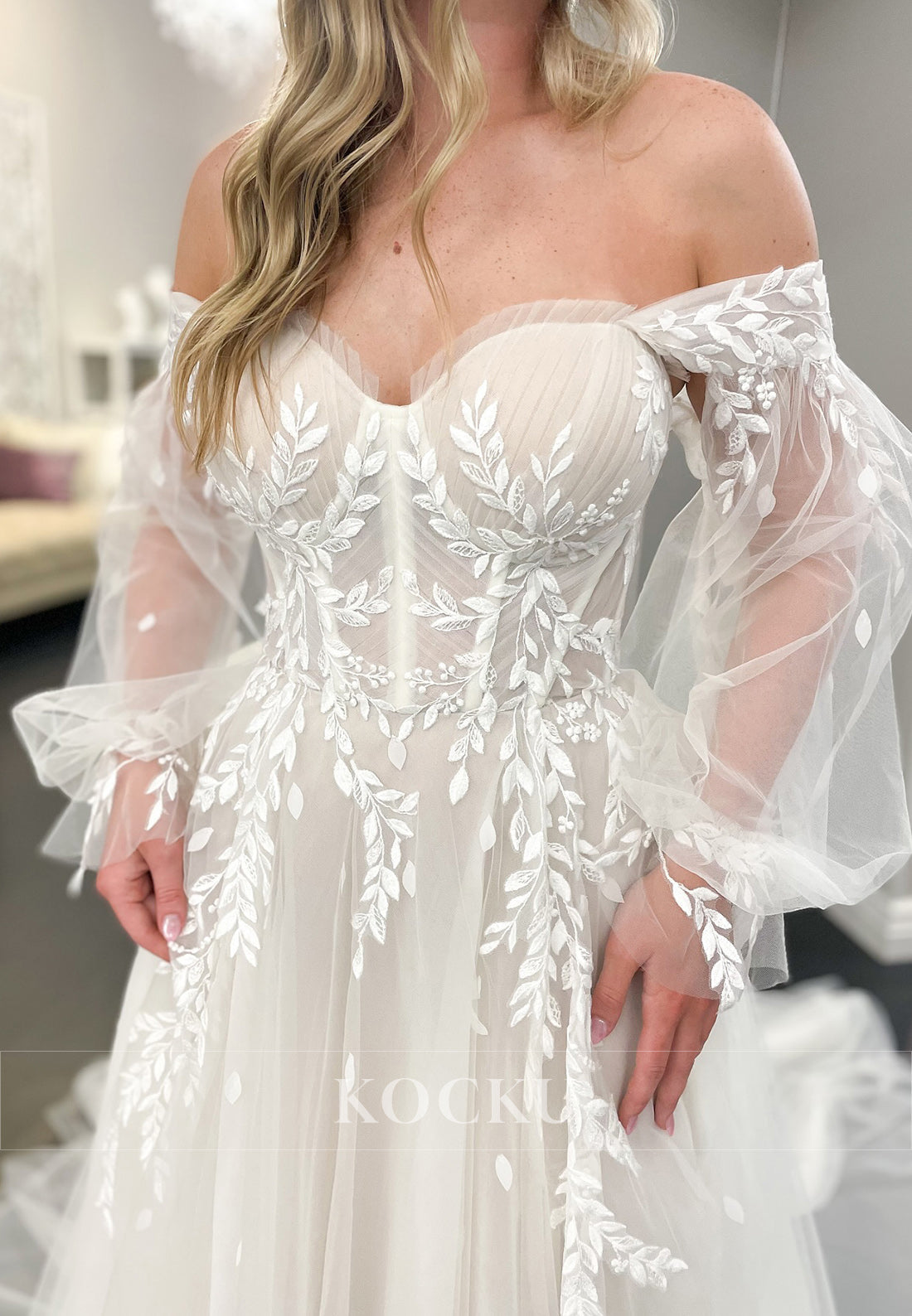 Off - Shoulder Tulle Wedding Dress with Sheer Puff Sleeves and Embroidery