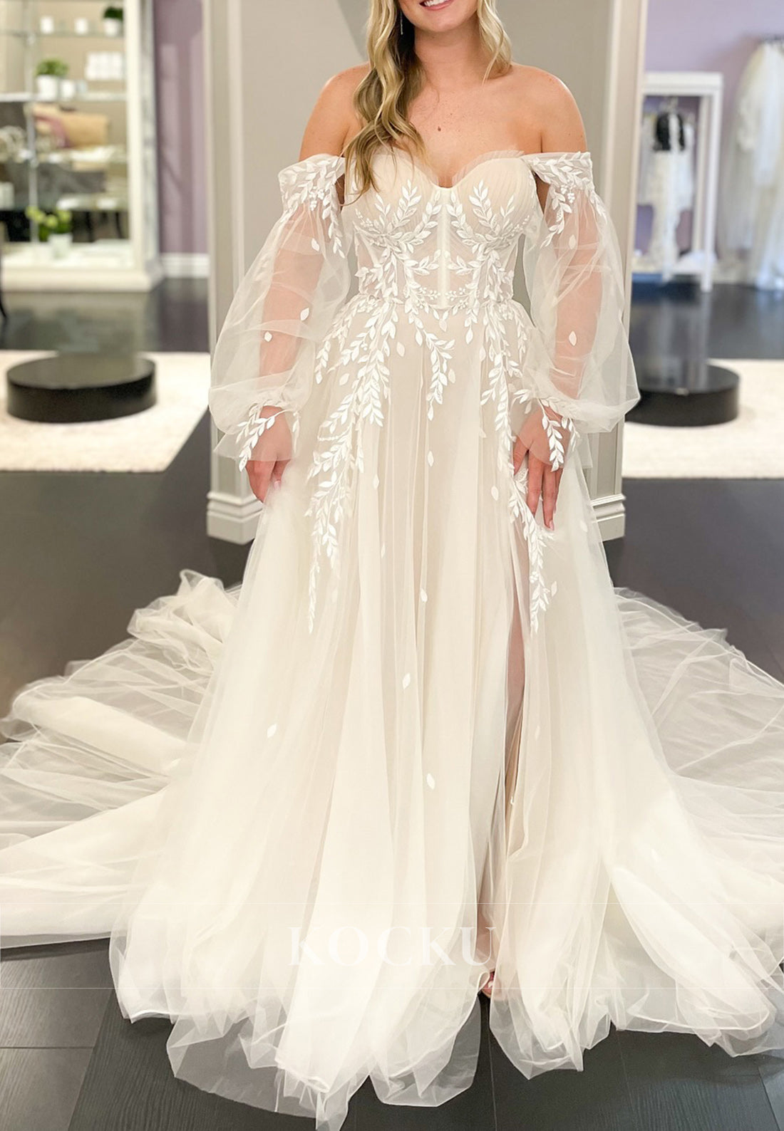 Off - Shoulder Tulle Wedding Dress with Sheer Puff Sleeves and Embroidery