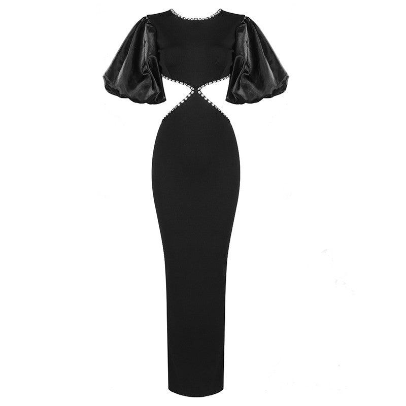 High Neck Puff Sleeve Cutout Waist Mermaid Gown