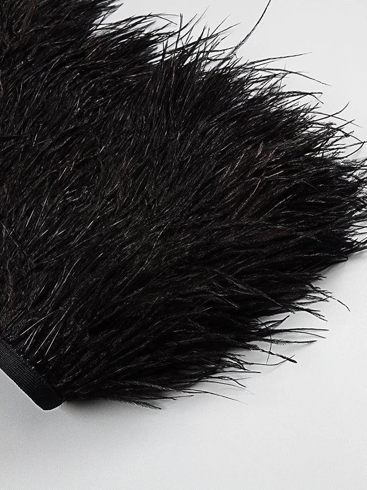KittenAlarm - Minerva Strapless Feather Cropped Top & Mesh Long Skirt Set