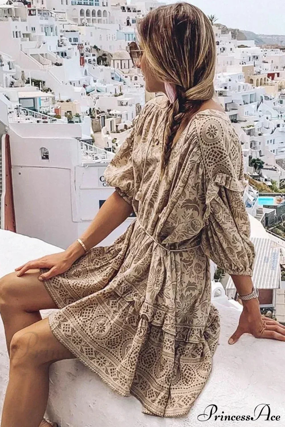 Mini Dress Boho Vintage Long Sleeve Floral Print Autumn Beach Dress